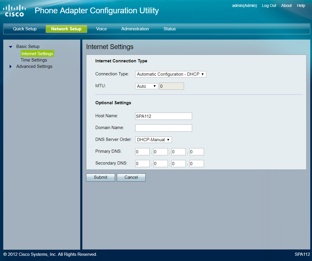 A screenshot of the Phone Adapter Configuration Utility interface by Cisco. The Internet Settings page under Network Setup is open, displaying options for Connection Type, MTU, Host Name, Domain Name, DNS Server Order, and Primary/Secondary DNS settings.