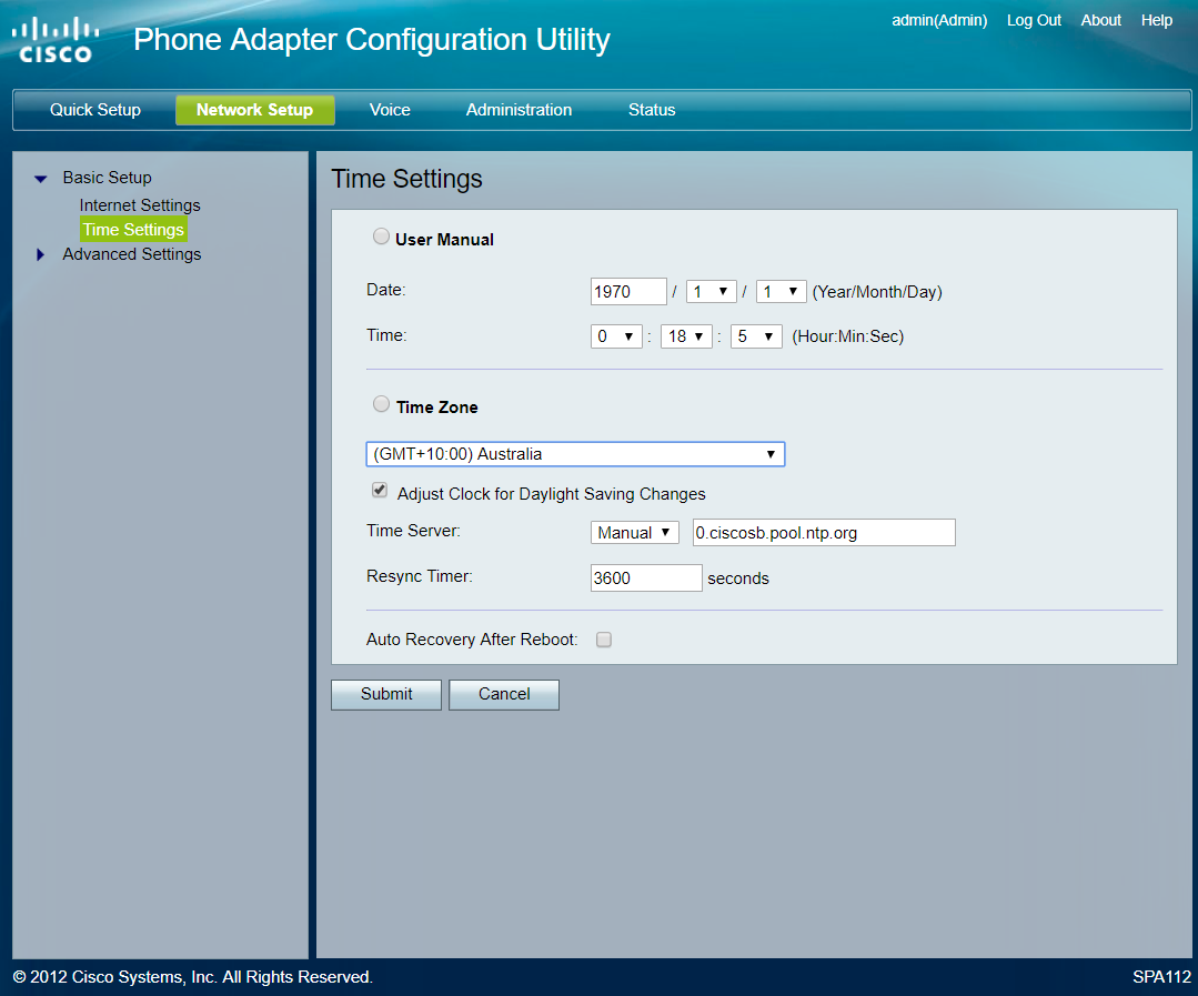 A screenshot of a "Phone Adapter Configuration Utility." The "Time Settings" tab is active under "Network Setup." User Manual, Date, Time, Time Zone, and Network Time Server options are shown. Buttons for "Submit" and "Cancel" are at the bottom.