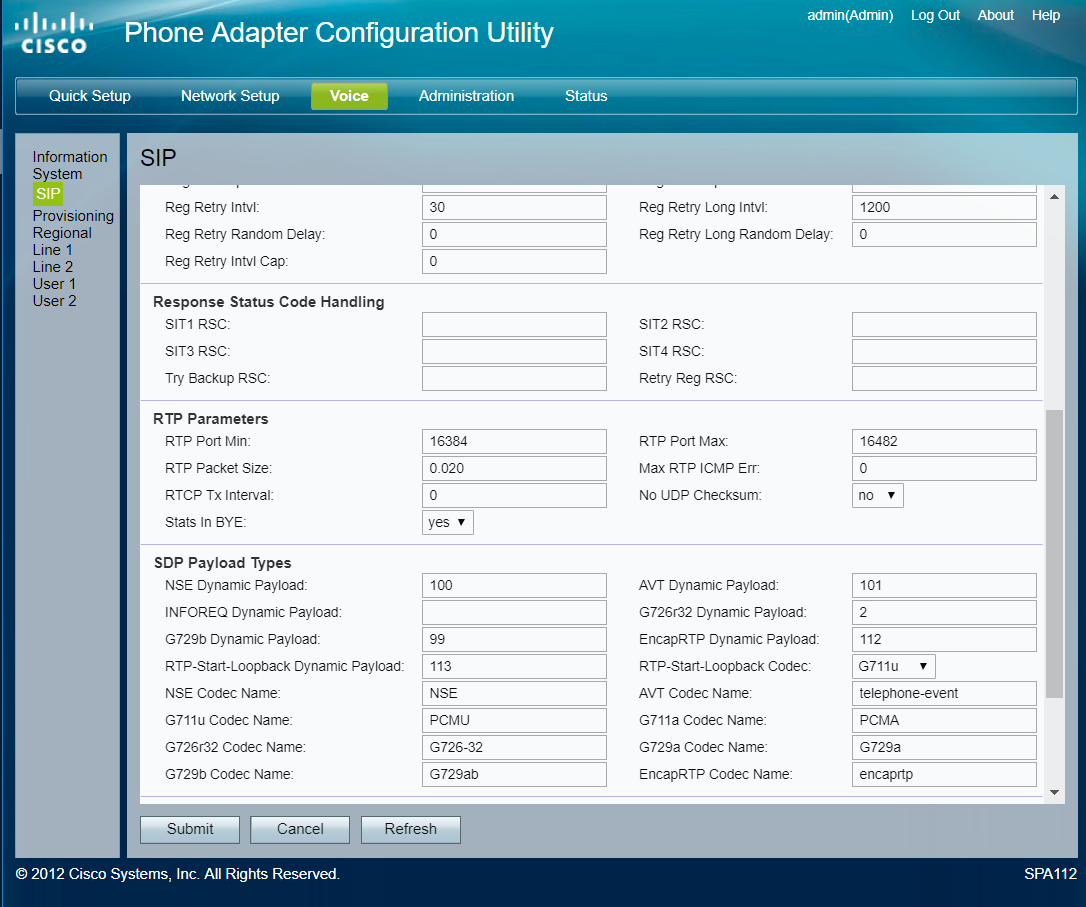 Screenshot of the Cisco Phone Adapter Configuration Utility interface displaying the Voice settings page. The page includes sections for SIP, Response Status Code Handling, RTP Parameters, and other configurable settings with fields, dropdown menus, and buttons for Save and Refresh at the bottom.