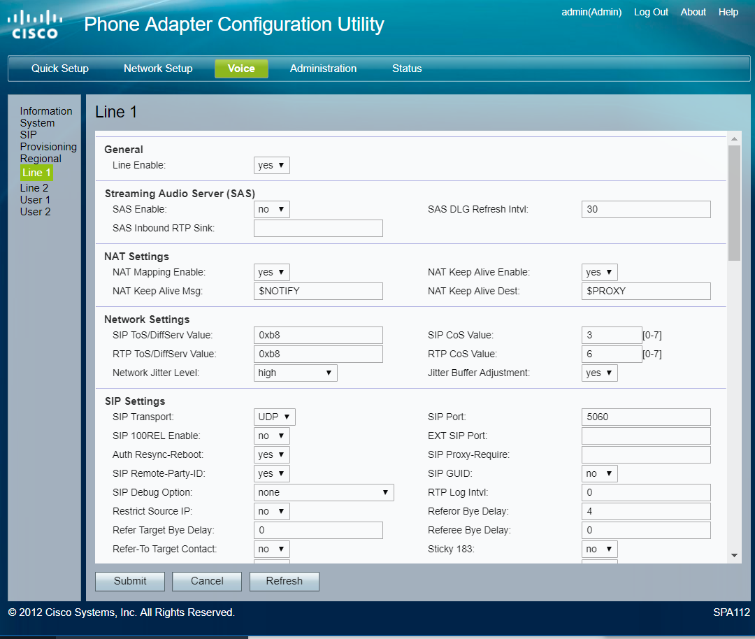 Screenshot of the Cisco Phone Adapter Configuration Utility interface, displaying settings for Line 1. The menu on the left lists options like "Line 1" and "Quick Setup." The right panel shows detailed settings for General, Streaming Audio Server, NAT, and Network Settings.