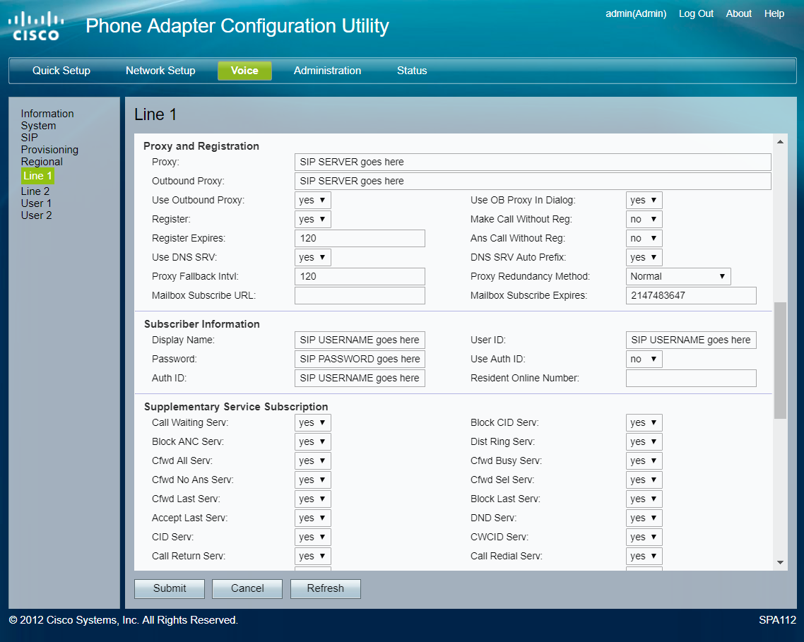 A configuration screen for a Cisco Phone Adapter displaying settings for Line 1. Sections include Proxy and Registration, Subscriber Information, and Supplementary Service Subscription. Various fields show options mainly toggled between "yes" and "no".