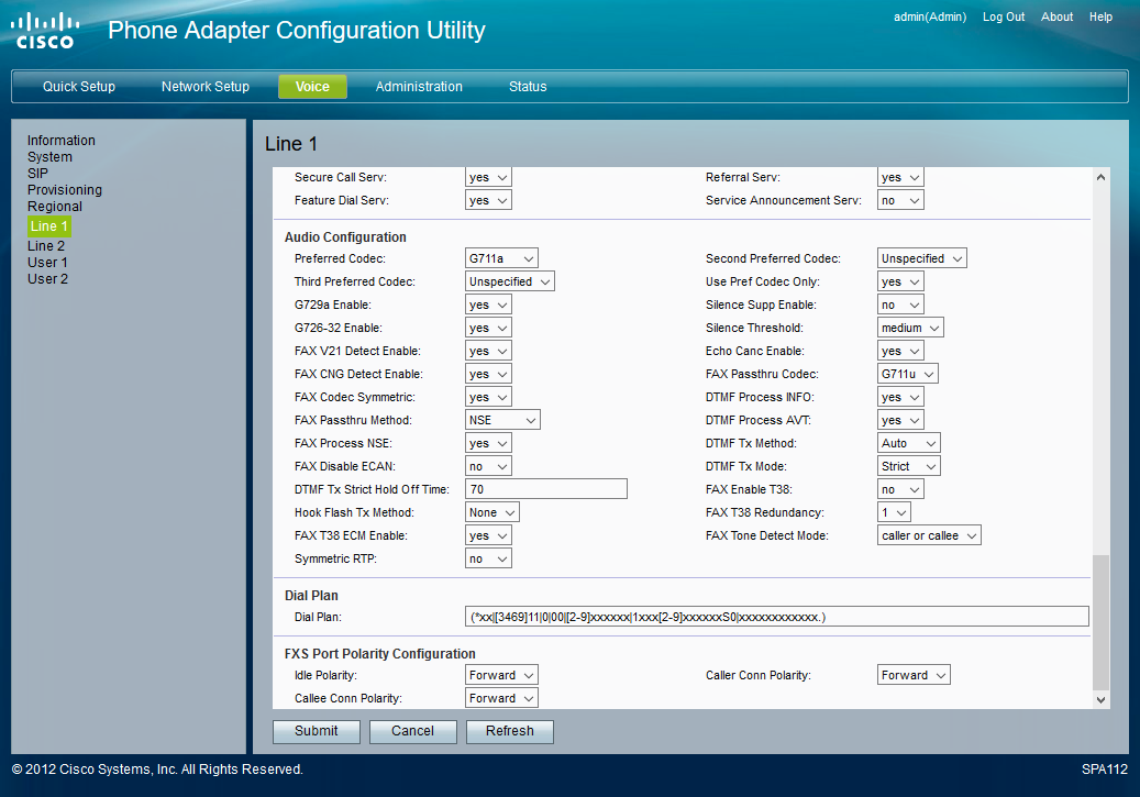 Screenshot of Cisco's Phone Adapter Configuration Utility interface. It displays various settings options under the “Voice” tab, specifically for "Line 1". There are fields for Secure Call Setting, Audio Configuration, Dial Plan, and FXS Port Polarity Configuration.