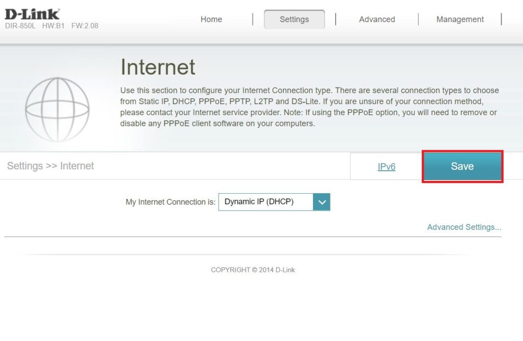 A D-Link router settings interface is shown, displaying the "Internet" settings page. Options include Static IP, DHCP, PPPoE, PPTP, L2TP, and DS-Lite. The "My Internet Connection is" dropdown menu shows "Dynamic IP (DHCP)." A blue "Save" button is highlighted in red.