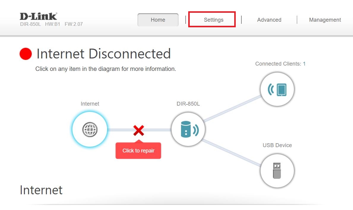 A screenshot of a D-Link router's web interface, indicating an internet connection issue. The message "Internet Disconnected" is displayed with a diagram showing the internet, router (DIR-850L), connected client, and a connected USB device. There's a "Click to repair" button.