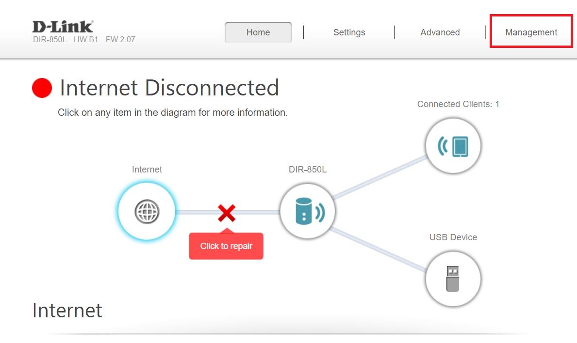 A screenshot of a D-Link router management interface displays the message "Internet Disconnected." The home network diagram shows a red 'X' between the internet and the router labeled DIR-850L. There are connected icons for one client device and a USB device.