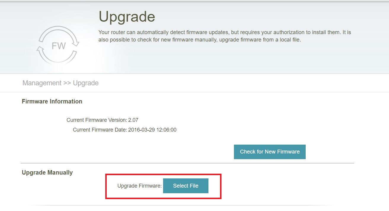 A router firmware upgrade screen showing firmware information. The current firmware version is 2.07 with a date of 2016-03-29. The screen has options to check for new firmware and to upgrade firmware manually by selecting a file.