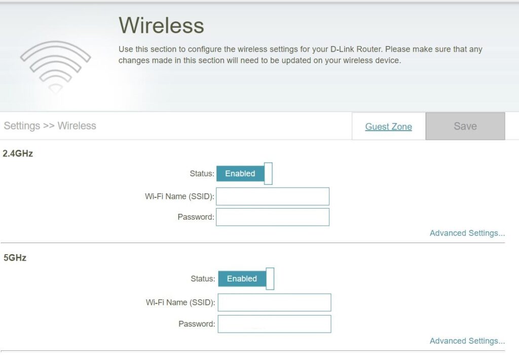 A screenshot of a D-Link router's wireless settings page. The page has sections for configuring the 2.4GHz and 5GHz Wi-Fi networks, each with fields for Wi-Fi name (SSID) and password, and a status indicator showing "Enabled." A "Save" button is also visible.