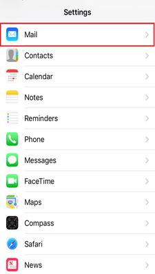 A screenshot of the "Settings" menu on an iPhone. The "Mail" option is highlighted with a red border. Other settings options include Contacts, Calendar, Notes, Reminders, Phone, Messages, FaceTime, Maps, Compass, Safari, and News.