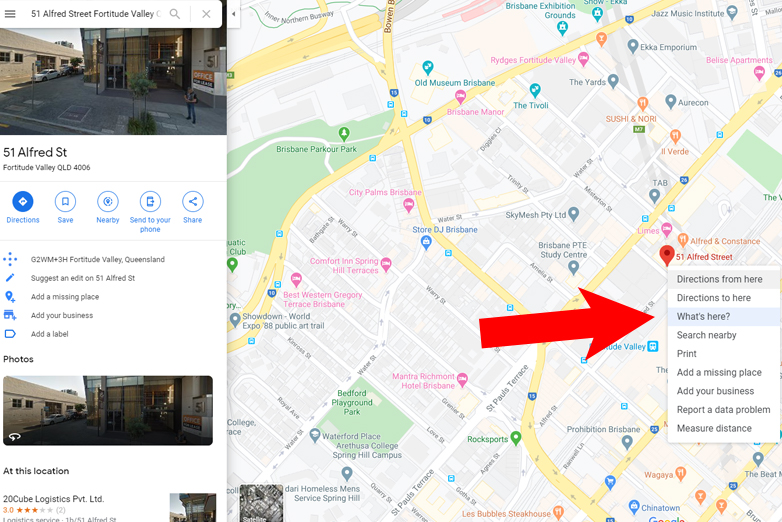 A map screenshot showing 51 Alfred Street, Fortitude Valley, Queensland, on the left panel with location details and photos. The main map features a large red arrow pointing to a location pin at Alfred & Constance on 130 Constance Street, Brisbane.