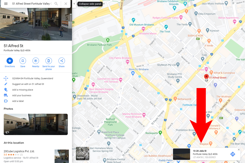 A screenshot of a Google Maps view showing the location of 51 Alfred Street, Fortitude Valley, Queensland. The map highlights nearby landmarks and streets, with a large red arrow pointing to the specific location on the map.